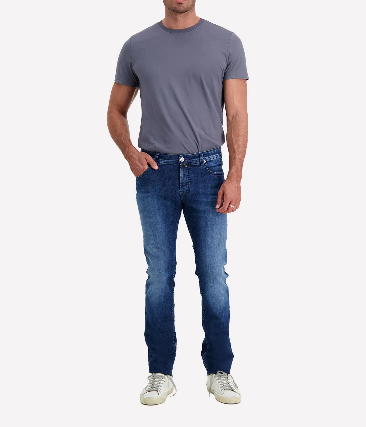 Nick 5 Pocket Slim Fit Jean in Washed Blue on Navy
