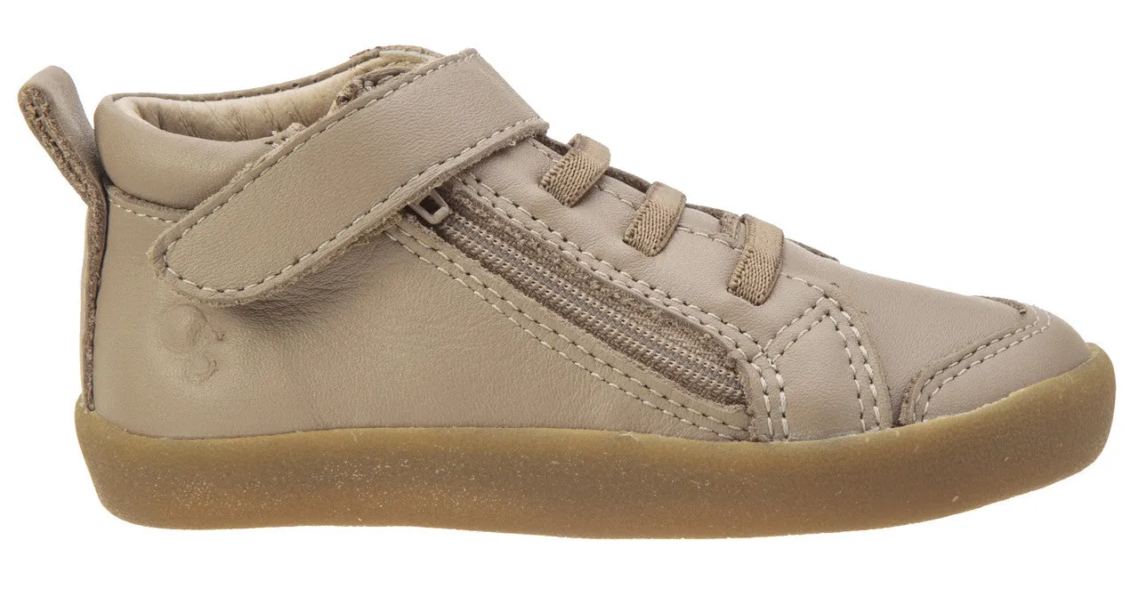 Old Soles Boy's and Girl's Steps Taupe Leather Elastic Lace Hook and Loop Strap Side Zipper Sneaker