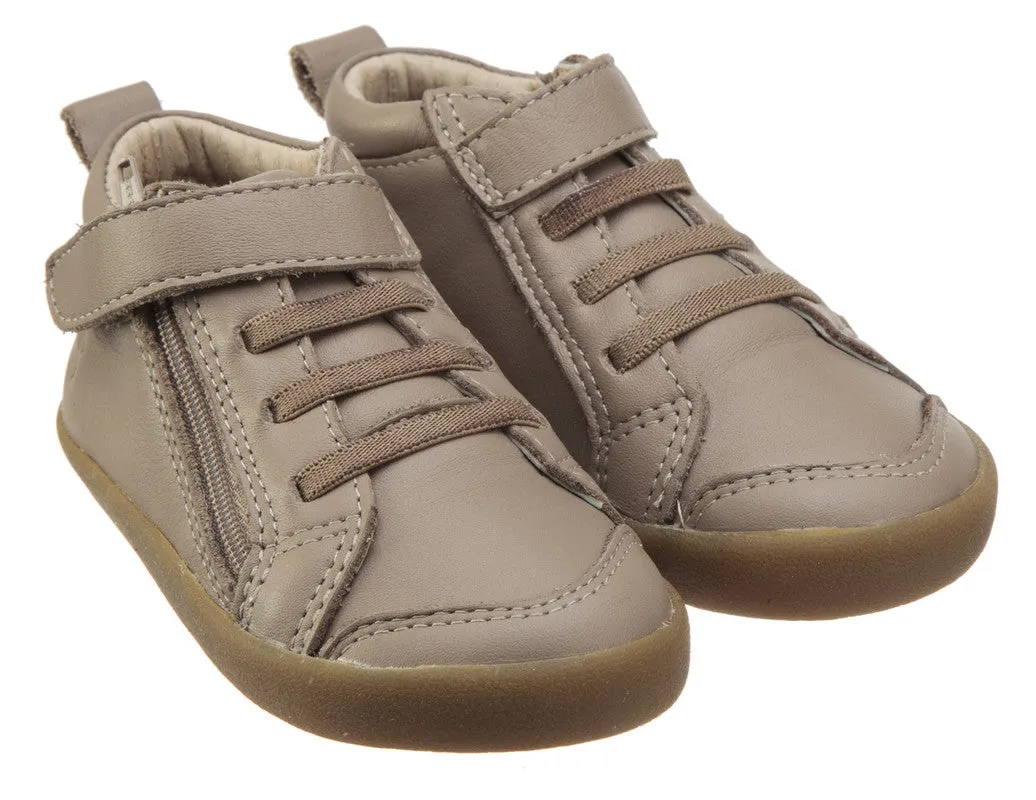 Old Soles Boy's and Girl's Steps Taupe Leather Elastic Lace Hook and Loop Strap Side Zipper Sneaker