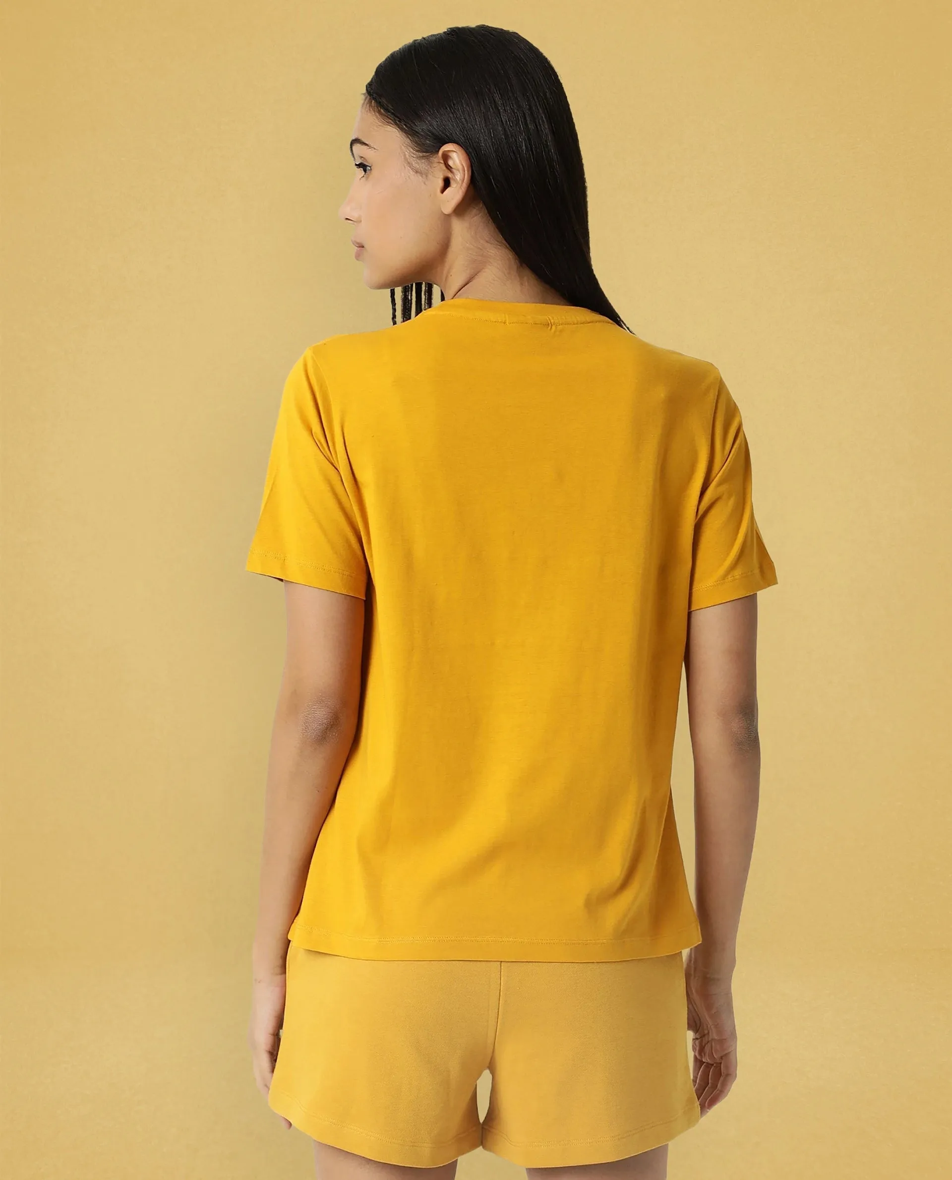 Rareism Women Arvi Mustard Cotton Blend Fabric Regular Fit Half Sleeves Solid V-Neck T-Shirt