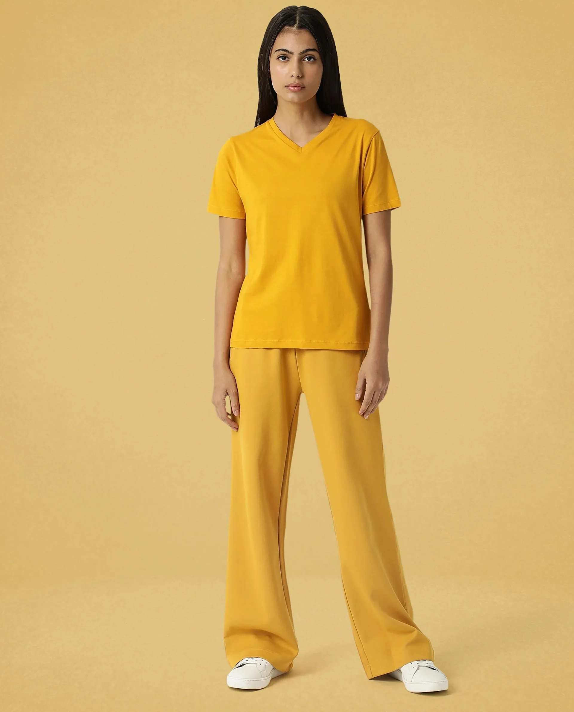Rareism Women Arvi Mustard Cotton Blend Fabric Regular Fit Half Sleeves Solid V-Neck T-Shirt