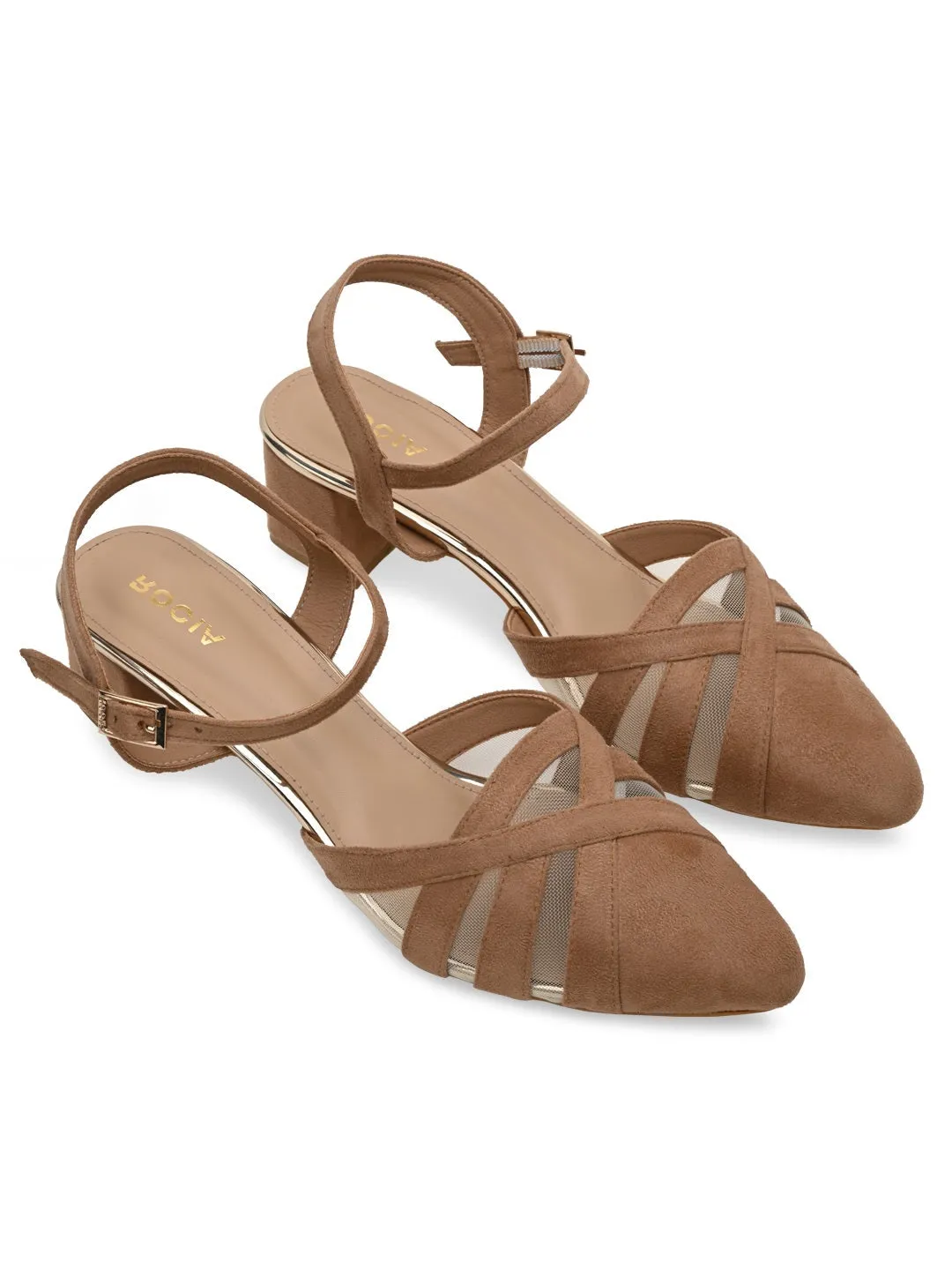 Rocia By Regal Beige Women Close Toe Suede N Mesh Ankle Strap Pumps