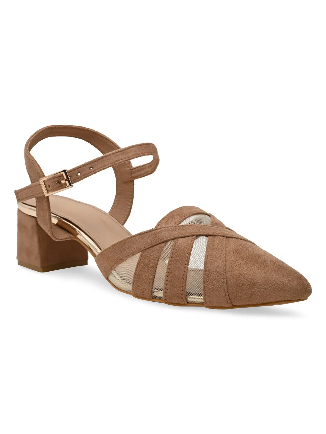 Rocia By Regal Beige Women Close Toe Suede N Mesh Ankle Strap Pumps
