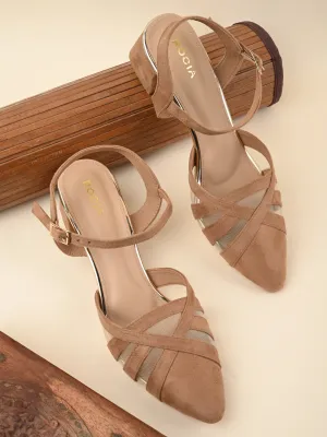 Rocia By Regal Beige Women Close Toe Suede N Mesh Ankle Strap Pumps