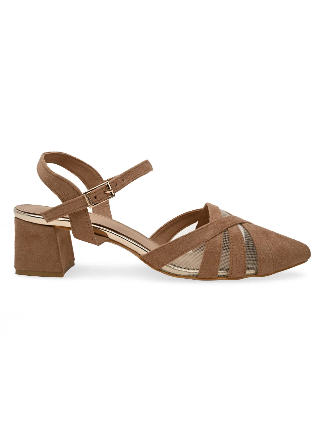 Rocia By Regal Beige Women Close Toe Suede N Mesh Ankle Strap Pumps