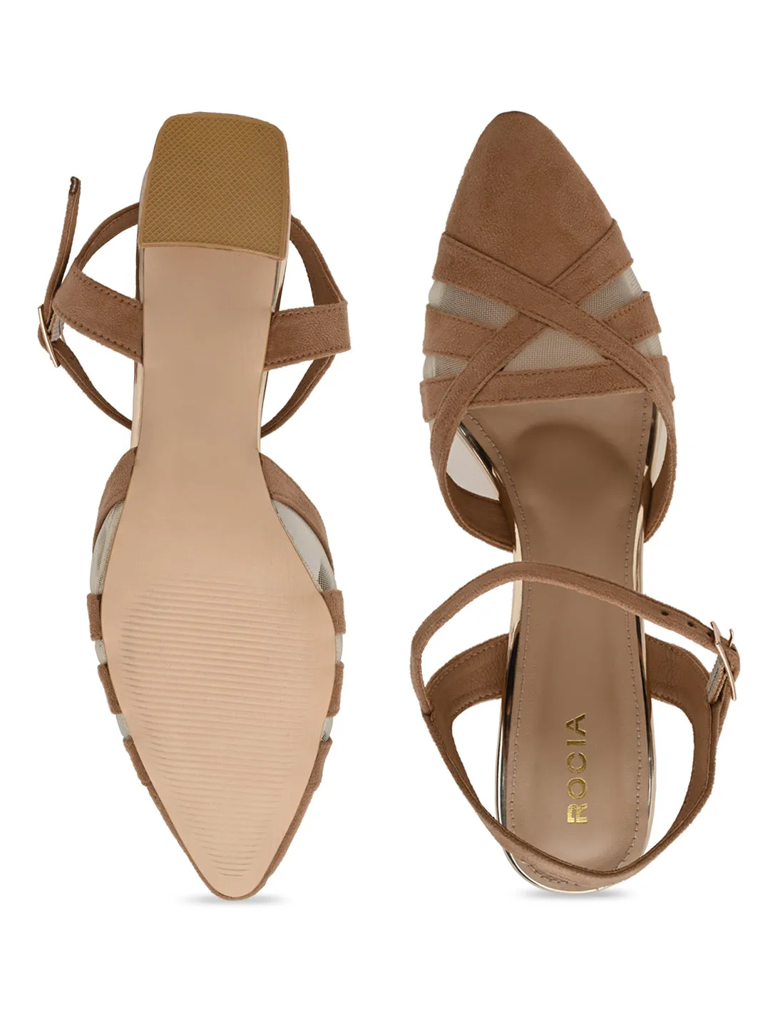 Rocia By Regal Beige Women Close Toe Suede N Mesh Ankle Strap Pumps