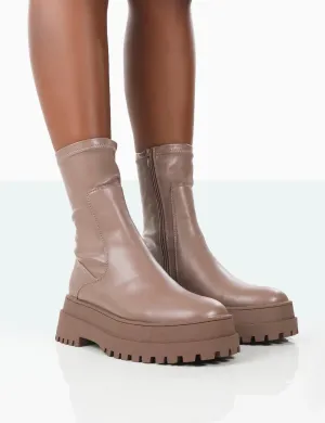 Rusty Mocha Pu Chunky Sole Sock Ankle Boots