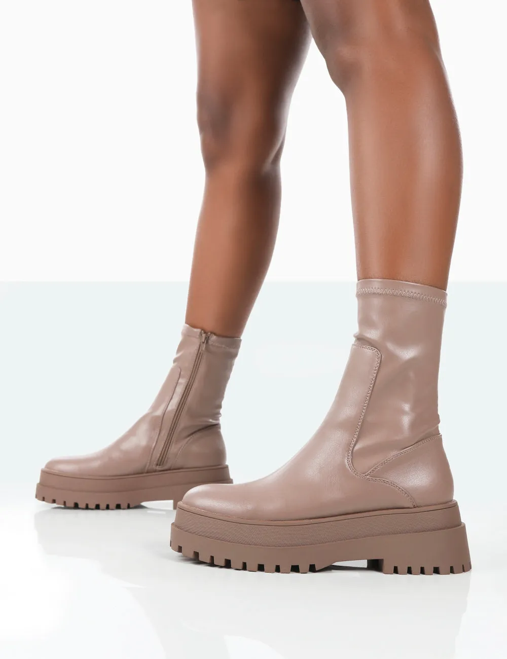 Rusty Mocha Pu Chunky Sole Sock Ankle Boots