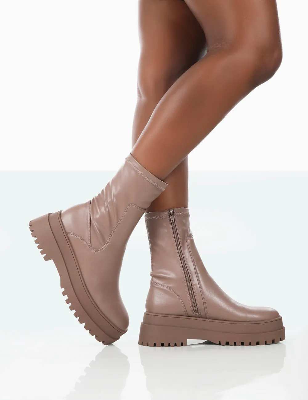 Rusty Mocha Pu Chunky Sole Sock Ankle Boots