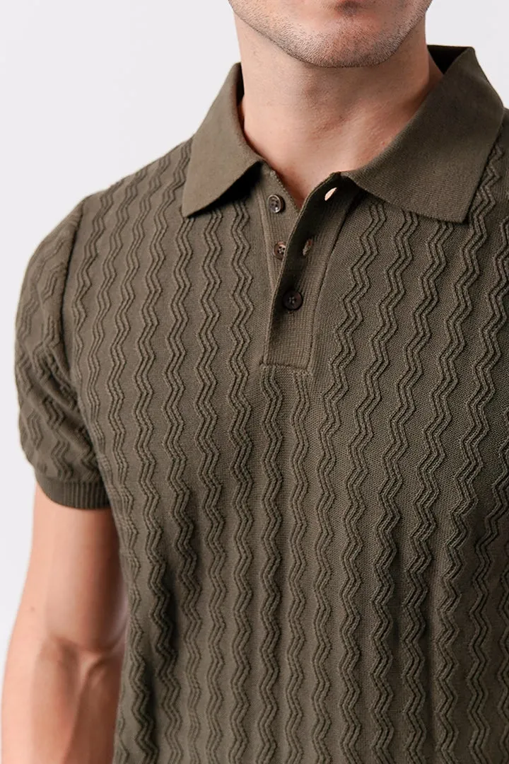 Textured Knit Polo Shirt - Army Green