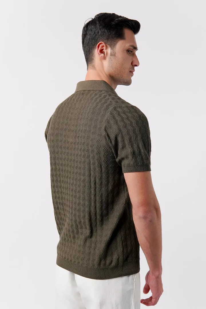 Textured Knit Polo Shirt - Army Green