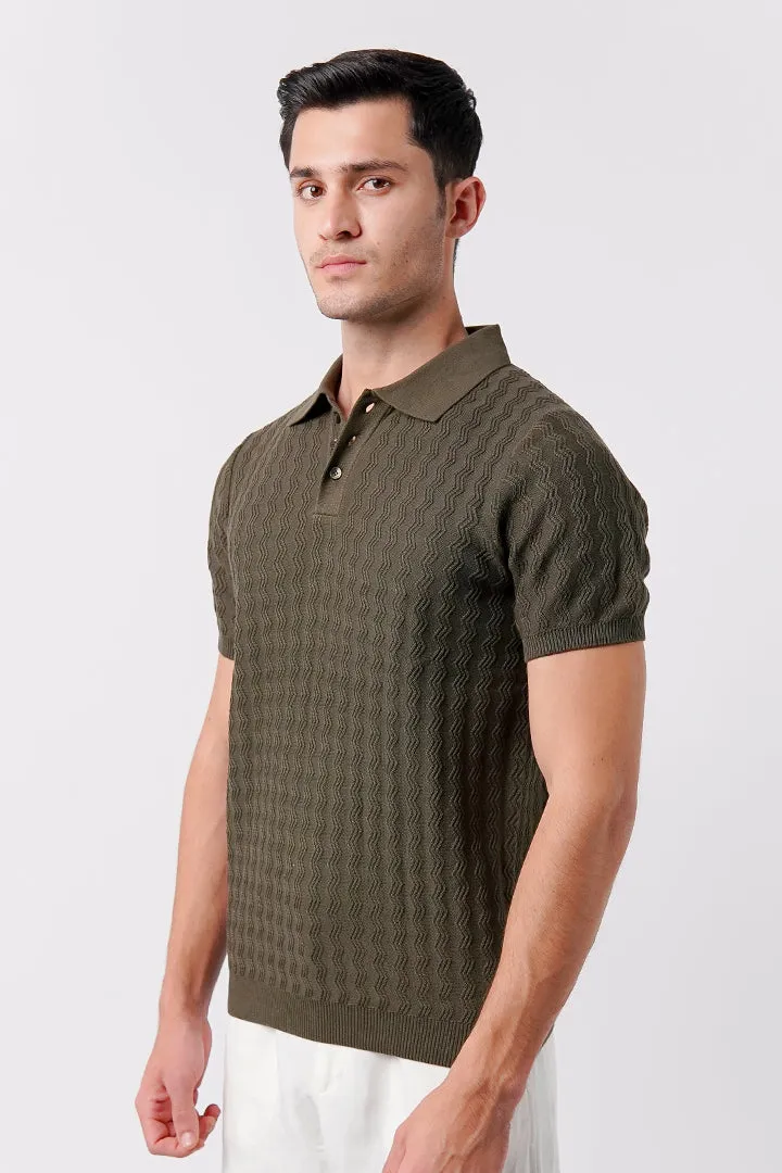 Textured Knit Polo Shirt - Army Green