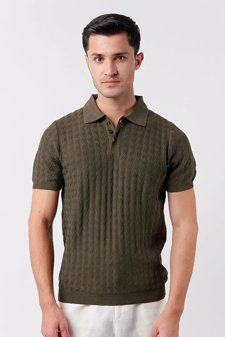 Textured Knit Polo Shirt - Army Green