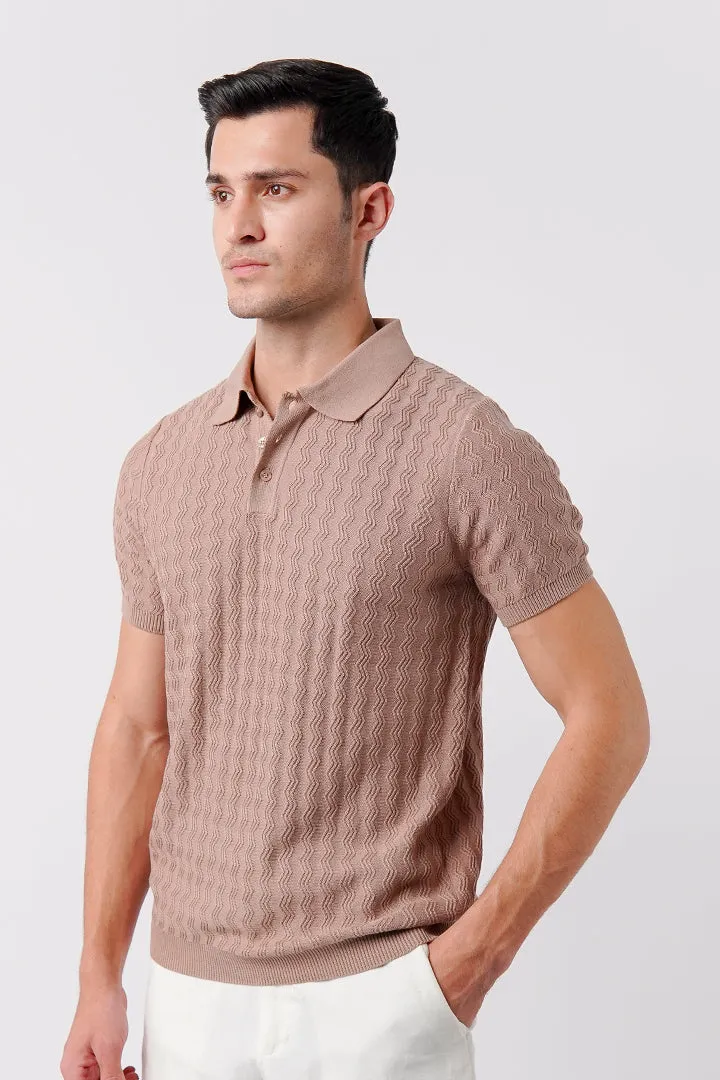 Textured Knit Polo Shirt - Beige