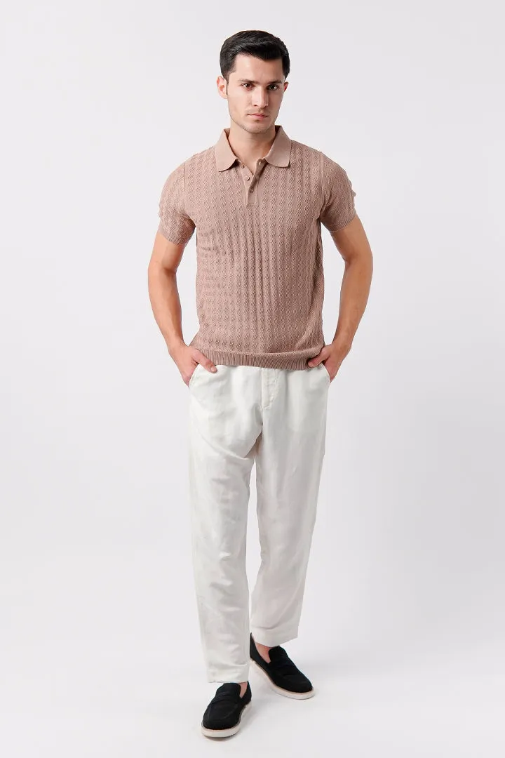 Textured Knit Polo Shirt - Beige