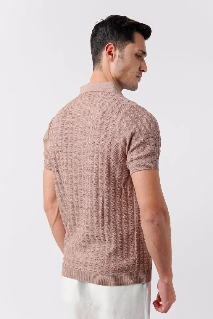 Textured Knit Polo Shirt - Beige