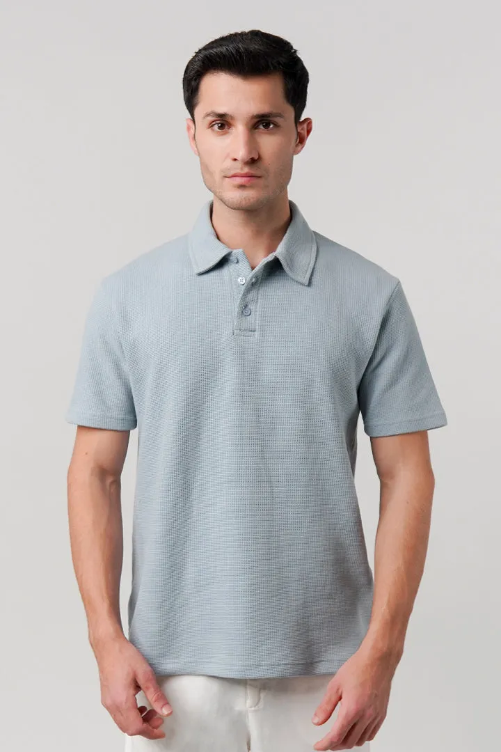 Textured Waffle Polo Shirt - Ice Blue