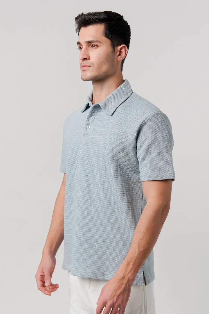 Textured Waffle Polo Shirt - Ice Blue
