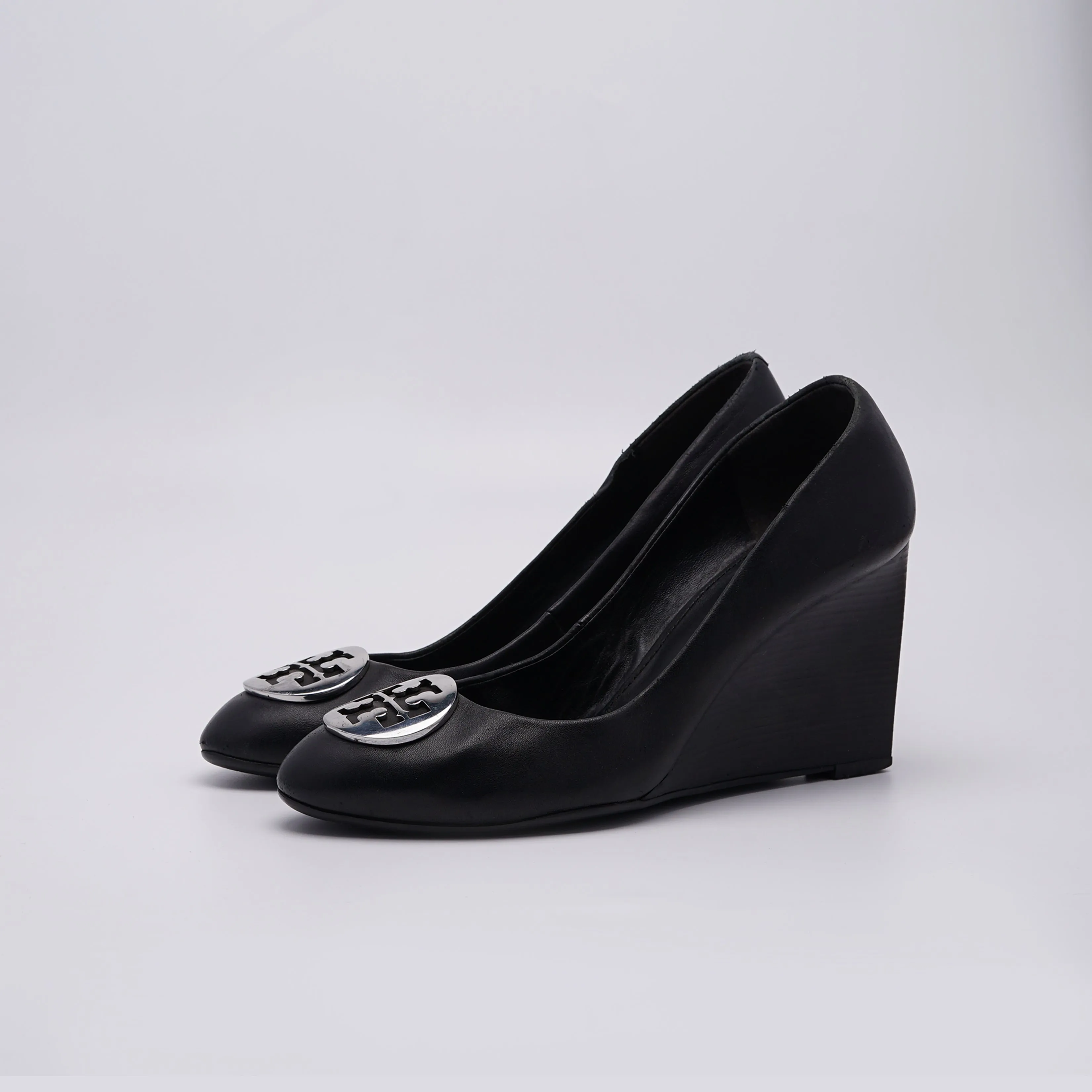 Tory Burch Black Leather Sally Wedge Pumps