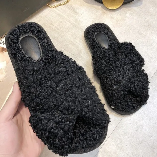 Women's curly furry slippers criss cross house shoes