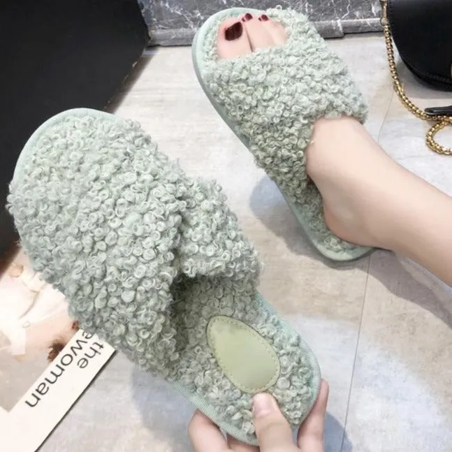 Women's curly furry slippers criss cross house shoes