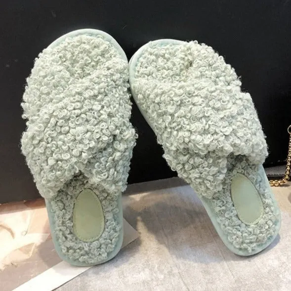 Women's curly furry slippers criss cross house shoes