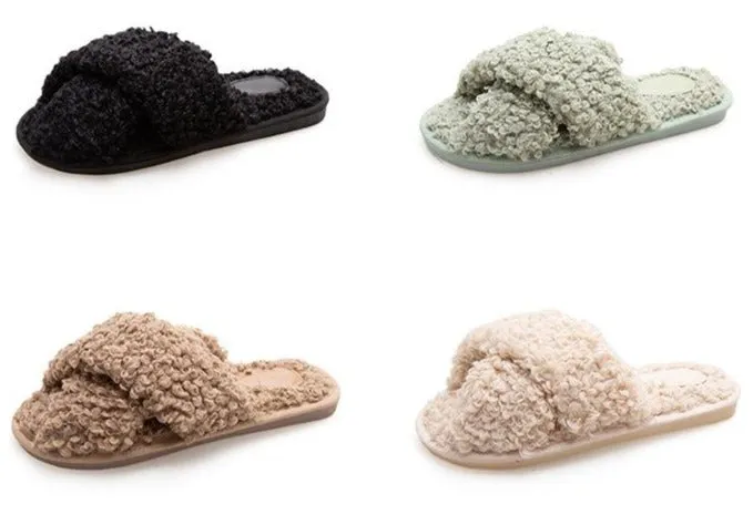 Women's curly furry slippers criss cross house shoes