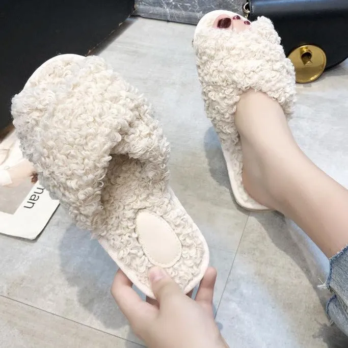 Women's curly furry slippers criss cross house shoes