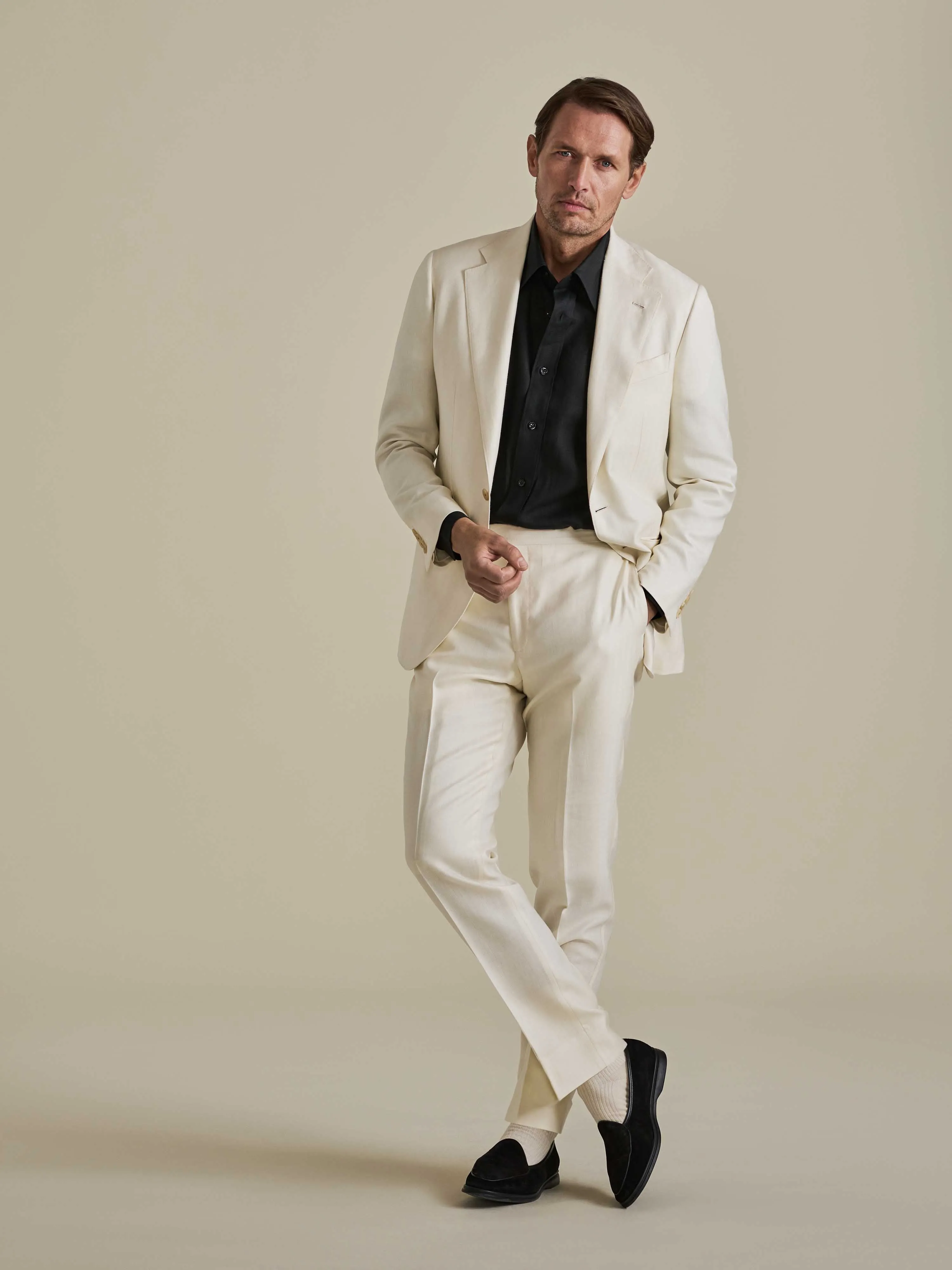 Wool Silk Flat Front Tailored Trousers