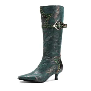 Zalor Green Retro Leather High Boots