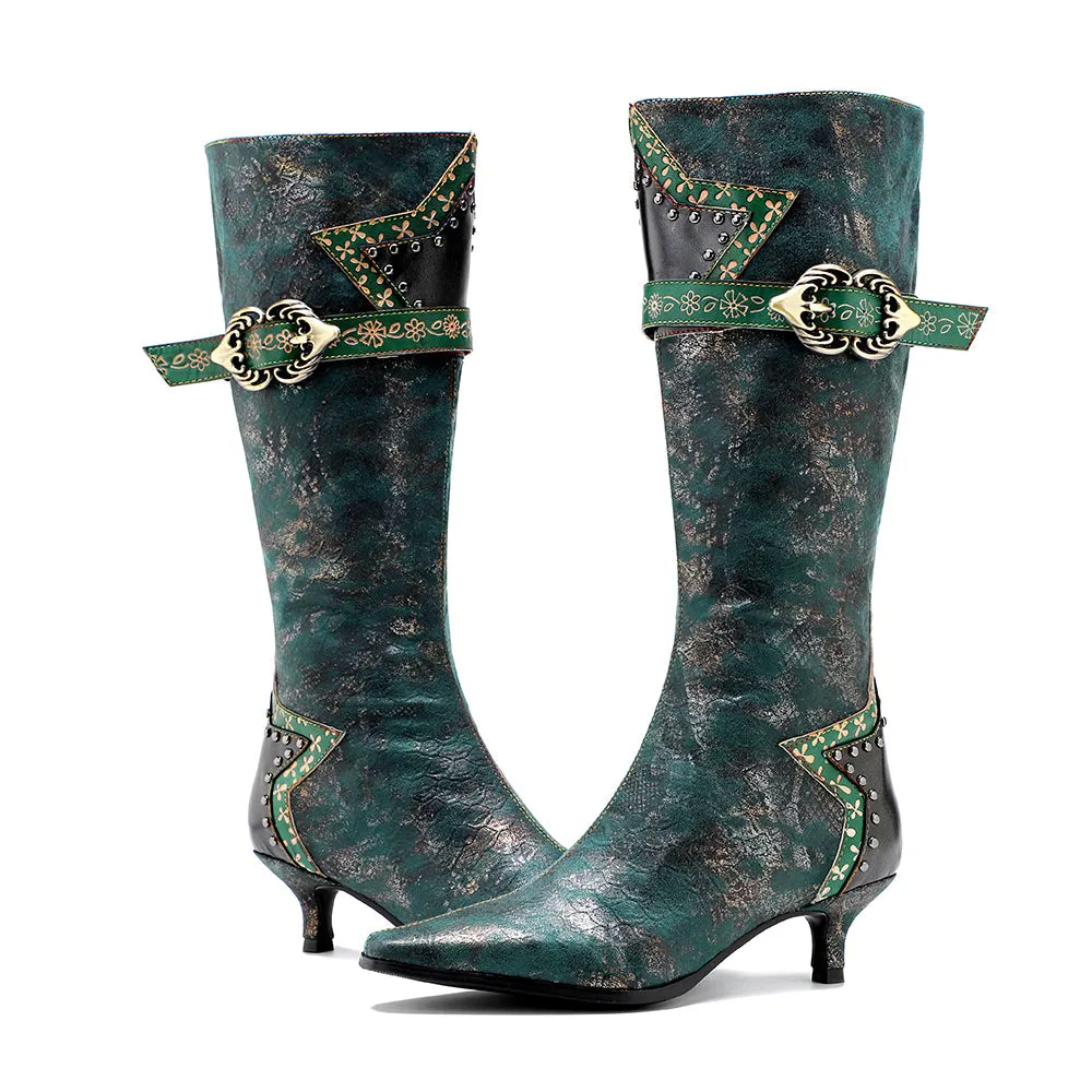 Zalor Green Retro Leather High Boots