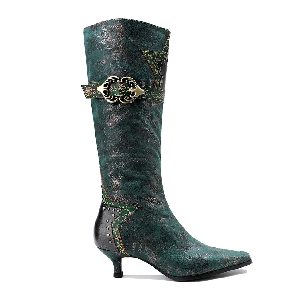 Zalor Green Retro Leather High Boots