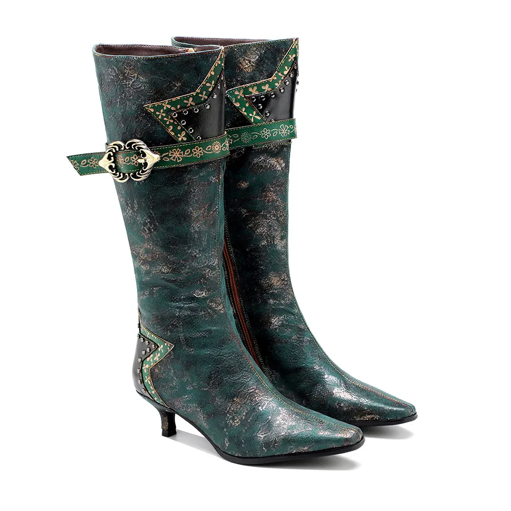 Zalor Green Retro Leather High Boots
