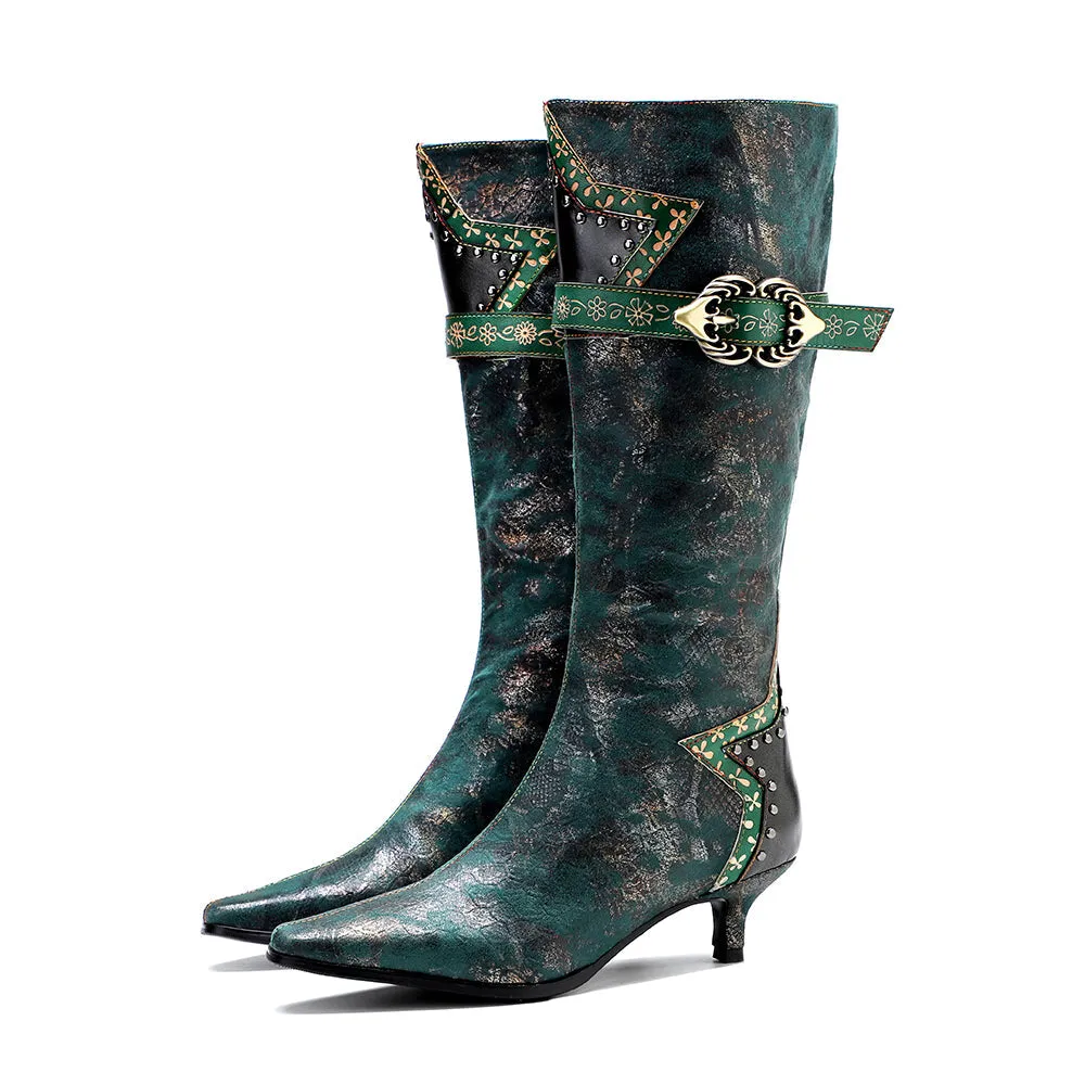 Zalor Green Retro Leather High Boots
